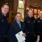 Former Vallejo Police Chief Andrew Bidou poses for a picture with officers Matthew Komoda, David McLaughlin and Kevin Barreto on April 29, 2016. Over the next two-and-a-half years, Komoda would participate in three shootings, McLaughlin in two, and Barreto in one.