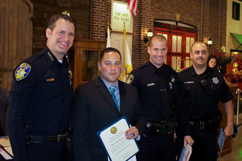 Former Vallejo Police Chief Andrew Bidou poses for a picture with officers Matthew Komoda, David McLaughlin and Kevin Barreto on April 29, 2016. Over the next two-and-a-half years, Komoda would participate in three shootings, McLaughlin in two, and Barreto in one.