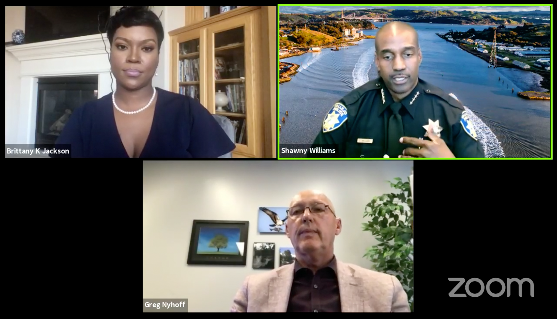 A screenshot of Vallejo police spokesperson Brittany K. Jackson, Police Chief Shawny Williams, and City Manager Greg Nyhoff during a "virtual town hall" on policing held over Zoom on July 23, 2020 in Vallejo, California.