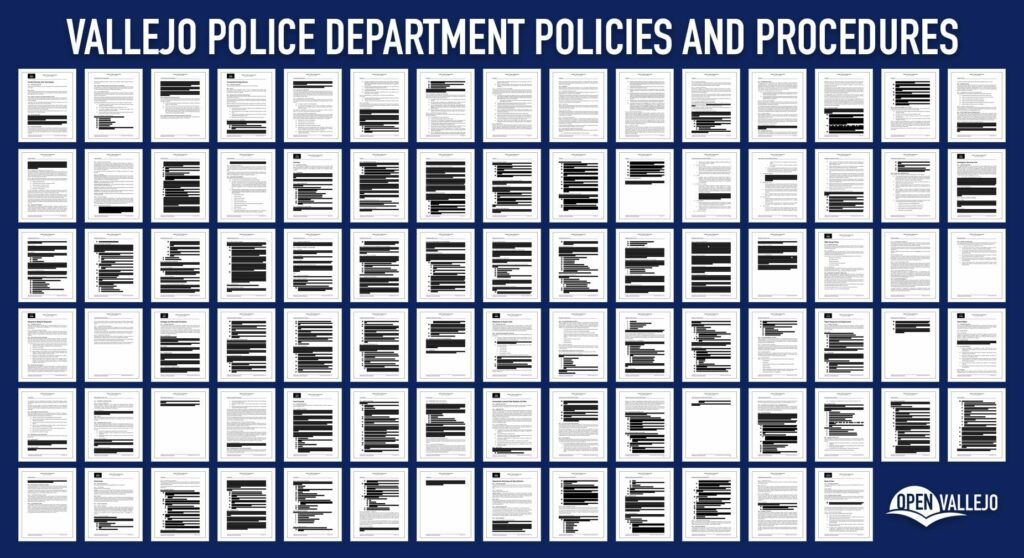 A blue, white and black graphic depicting redacted pages from the Vallejo Police Department policy manual