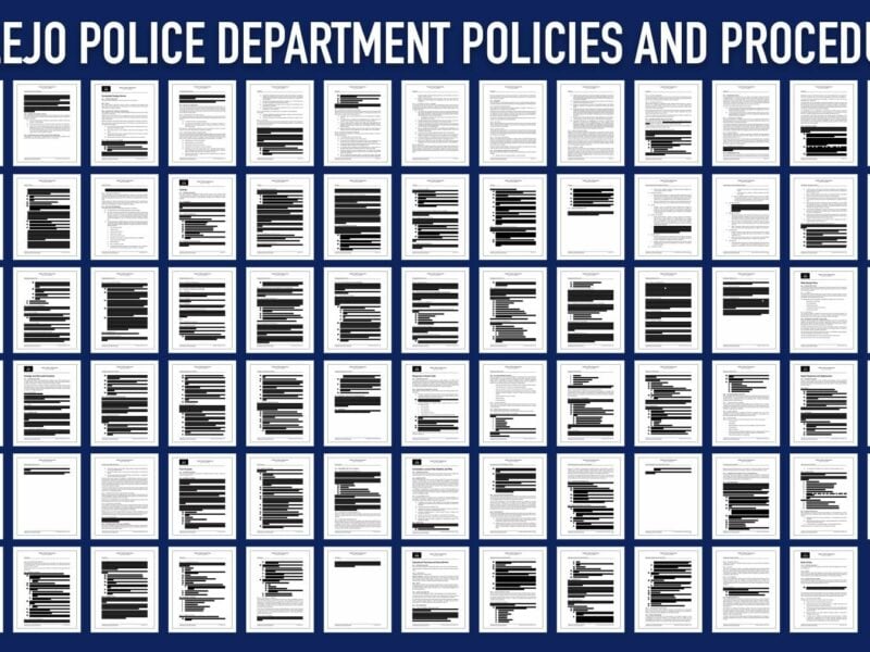 A blue, white and black graphic depicting redacted pages from the Vallejo Police Department policy manual