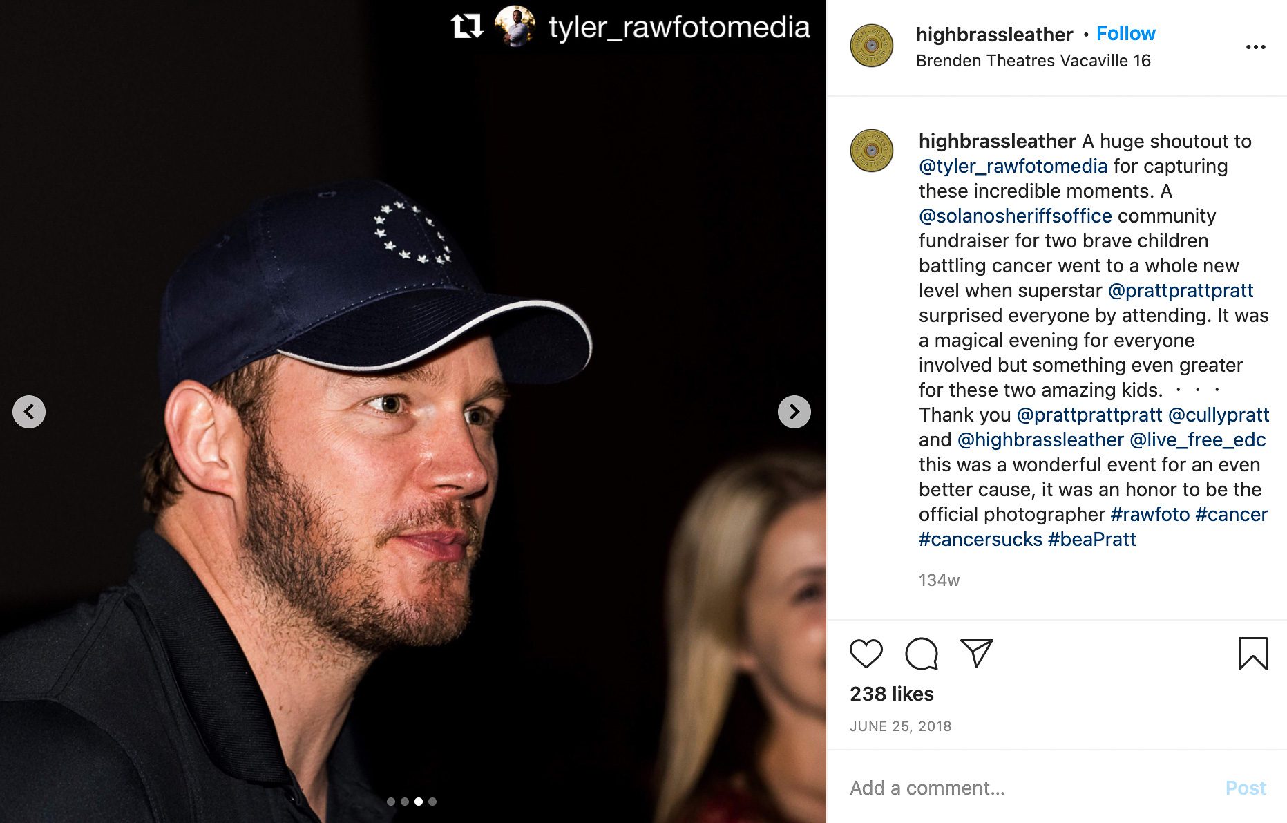 A screenshot of Instagram depicting actor Chris Pratt in a hat bearing the 13 stars of the Betsy Ross flag.