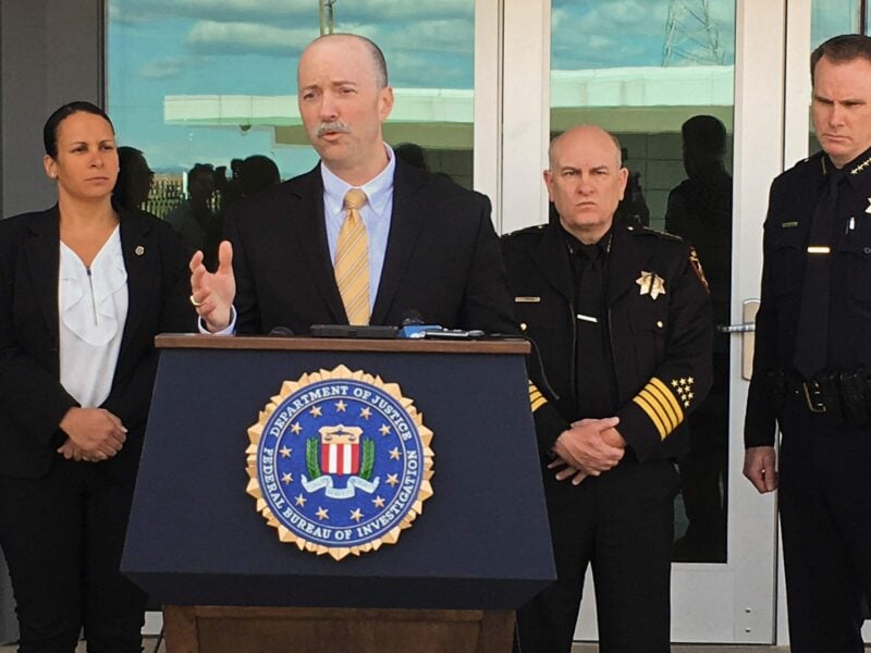 FBI Special Agent in Charge Sean Ragan speaks to reporters at a press conference in Fairfield, Calif. in 2018. Solano County Sheriff Tom Ferrara, second from right, has recently sought to downplay concerns about possible far-right extremism in his agency following an investigation by Open Vallejo.