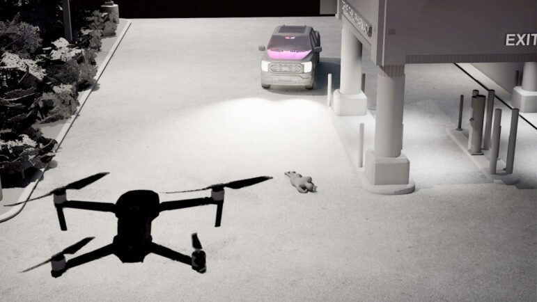 A 3D rendering of a DJI Mavic 2 Pro drone hovering over a 3D-rendered scene that includes a man lying dead in front of an undercover police truck.