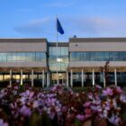 An office building is framed with flowers in the foreground at dusk