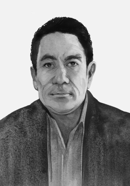 An illustrated, monochrome portrait of a man in his 40s wearing a collared shirt and jacket. His expression is neutral and not unpleasant.