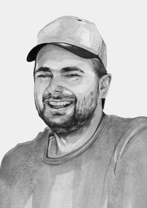 An illustrated, monochrome portrait of a Caucasian man in his 20s wearing a light-colored crew neck shirt and a baseball cap. He is smiling broadly.
