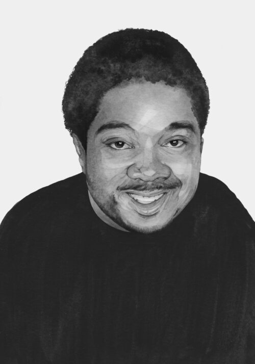 An illustrated, monochrome portrait of a Black man in his 20s wearing a dark crew neck shirt. He has a small afro, a mustache, and he is smiling broadly.