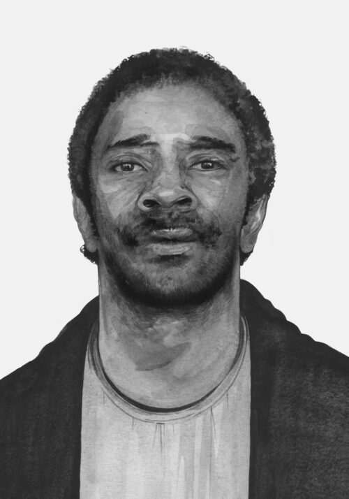 An illustrated, monochrome portrait of a Black man in his 40s wearing a crew neck shirt and jacket. He has kind eyes.