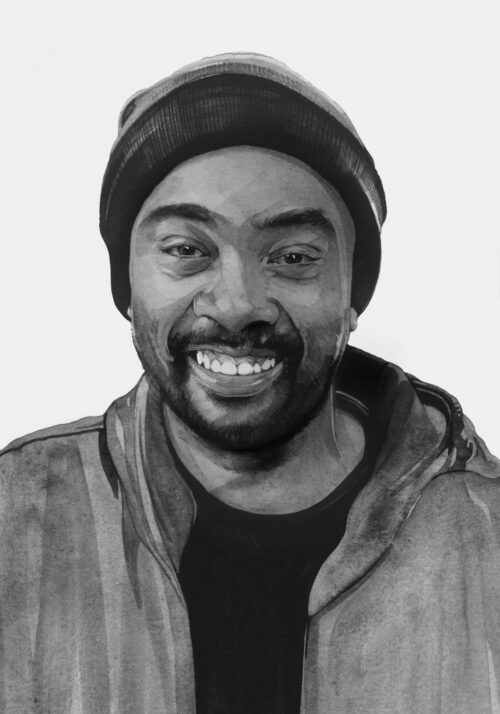 An illustrated, monochrome portrait of a Black man in his 30s wearing a dark crew neck shirt, jacket and knitted cap. He has a goatee and is smiling broadly.