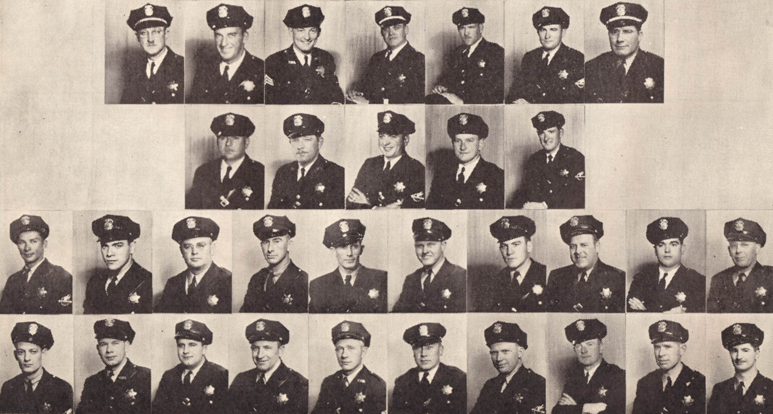 The Vallejo Police Department 1943 "yearbook photo" consisting of 32 portraits of officers and line supervisors, all white and all in uniforms with metal badges and police caps.