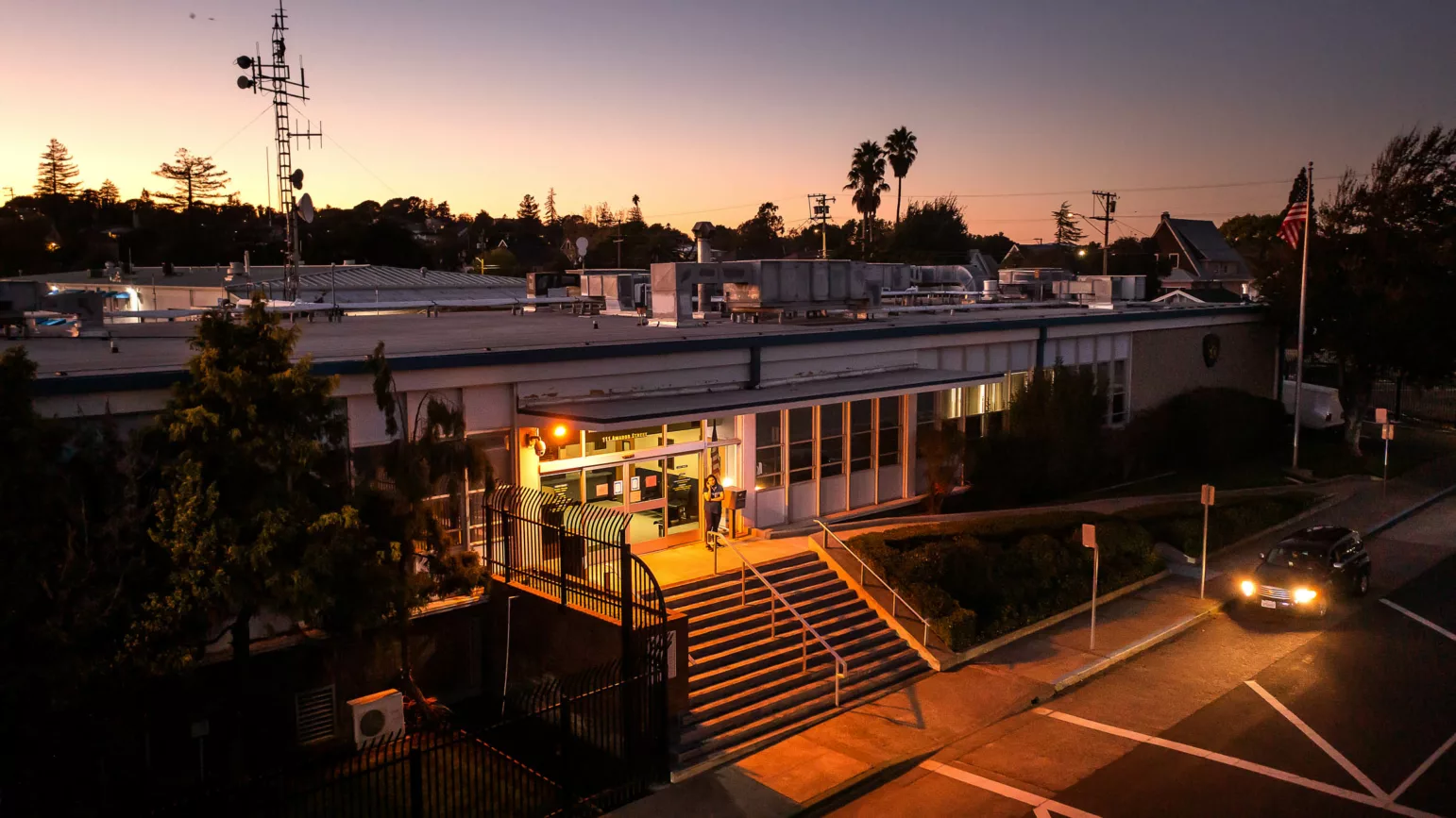 A drone shot of the Vallejo Police Department at dusk