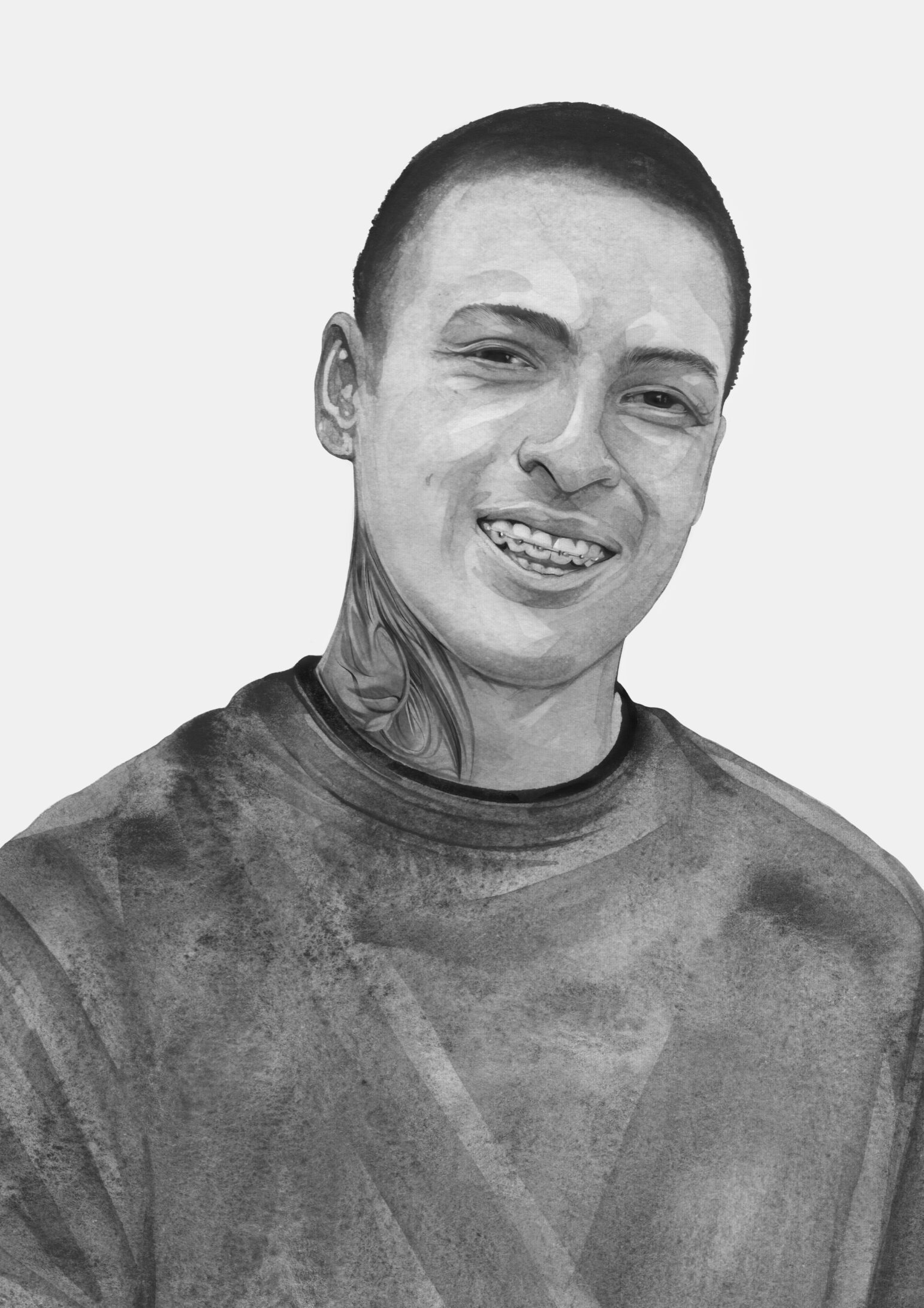 An illustrated, grayscale portrait of a 22-year old Latino man with braces smiling warmly. He has short-cropped hair and a geometric tattoo on the right side of his neck.
