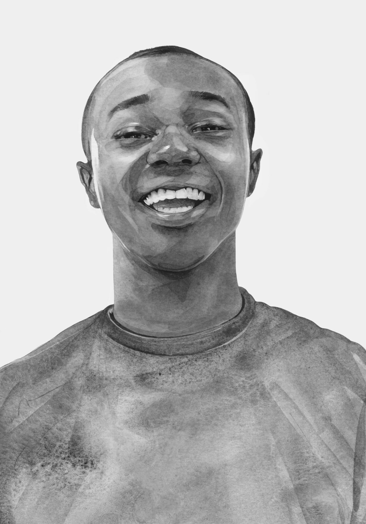 An illustrated, grayscale portrait of a 20-year old Black man smiling broadly. He has short-cropped hair and his eyes are wrinkled at the edges as he appears to be laughing.