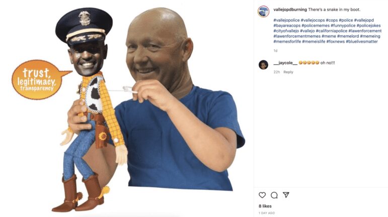 A screenshot of a post from the "Vallejo PD Burning" Instagram account shows former Vallejo City Manager Greg Nyhoff holding a toy doll of Vallejo Police Chief Shawny Williams and pulling a string on Williams' back, with a speech bubble that reads, "Trust, legitimacy, transparency." A caption reads, "There's a snake in my boot." Williams' head is superimposed onto a doll of "Woody" from the movie "Toy Story."