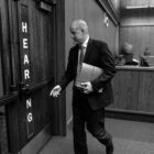 A white male lawyer with a shaved head in his 50s or 60s leaves a hearing in Solano County Superior Court.