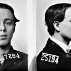 Frank Melville's mugshots, from the front and side.