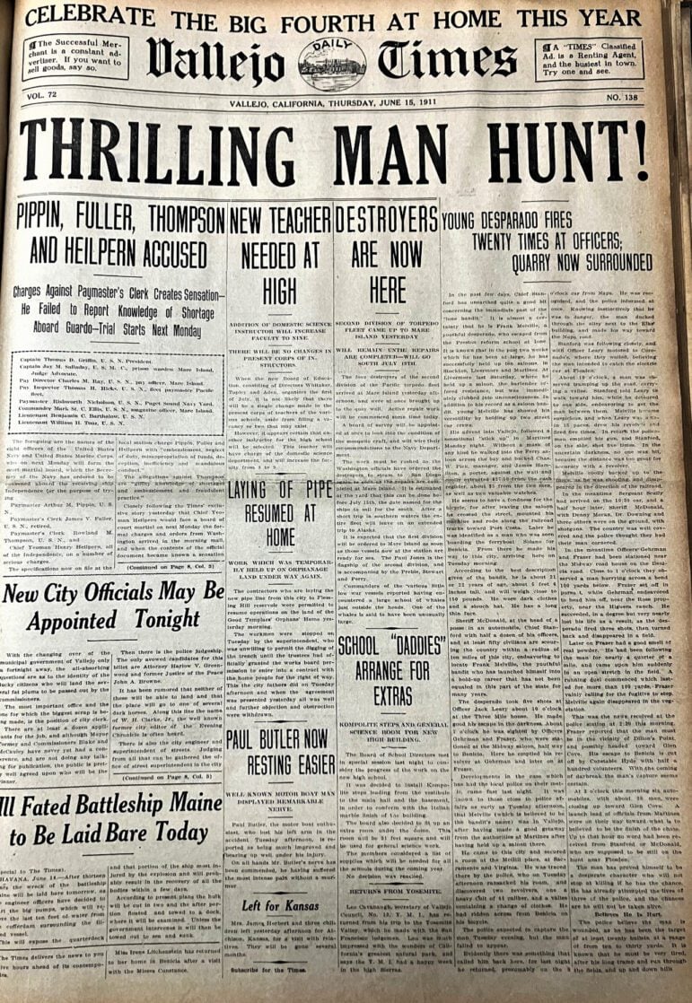 The front page of the June 15, 1911 Vallejo Times with the headline, "THRILLING MAN HUNT!"