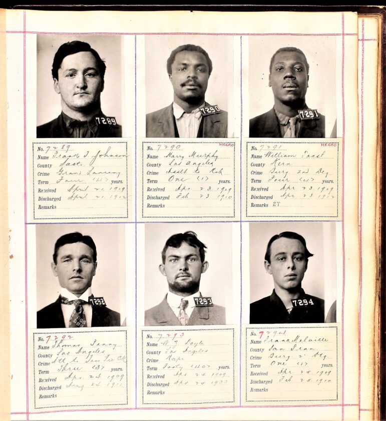 A series of mugshots taken by authorities at Folsom Prison in the early 1900s.