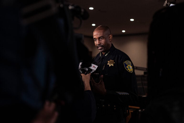 Vallejo Police Chief Shawny Williams, who is Black, speaks with members of the media inside the Vallejo City Council chambers after being sworn in on Nov. 12, 2019.