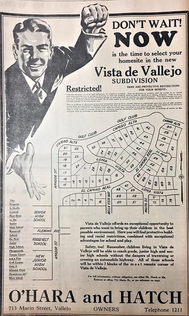A full-page 1932 newspaper advertisement for the redlined "Vista de Vallejo" neighborhood in the Vallejo Evening Chronicle.