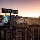 The Vallejo Police Department sign at dusk.