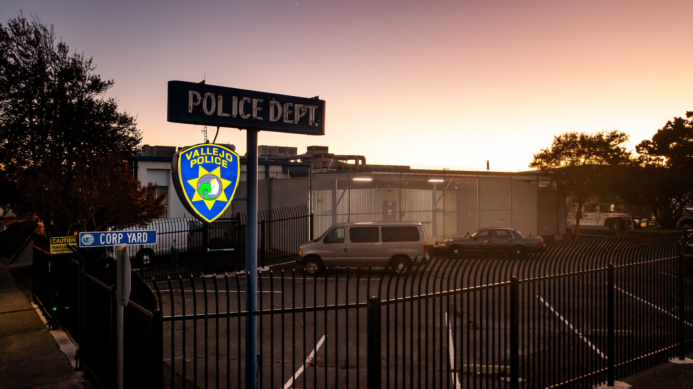 The Vallejo Police Department sign at dusk.