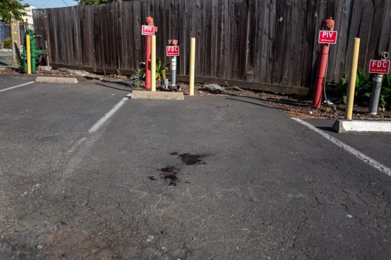 Blood lies on the ground in a parking space outdoors during the day.
