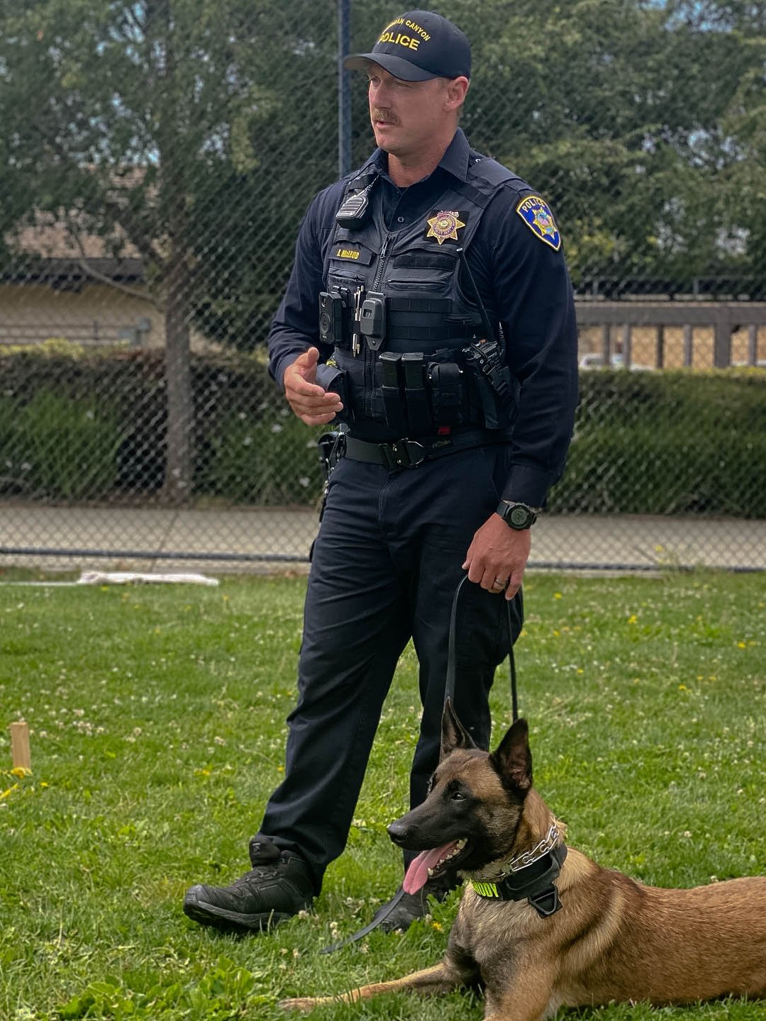 A police officer in a dark blue uniform and tactical gear stands in a grassy area beside a Belgian Malinois police dog, which is sitting and panting. The officer, with a serious expression, gestures with his hands as if explaining or instructing, while wearing a badge and cap marked "POLICE."