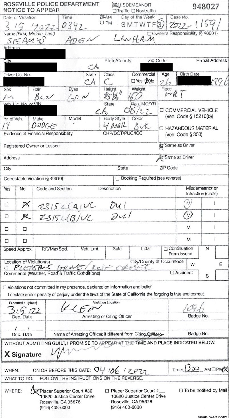 A scanned image of a police citation form from the Roseville Police Department, filled out with details of a misdemeanor offense for driving under the influence. The form includes sections for the offender's personal information, vehicle description, and violation details, with checkboxes and handwritten notes. Some personal details are redacted for privacy