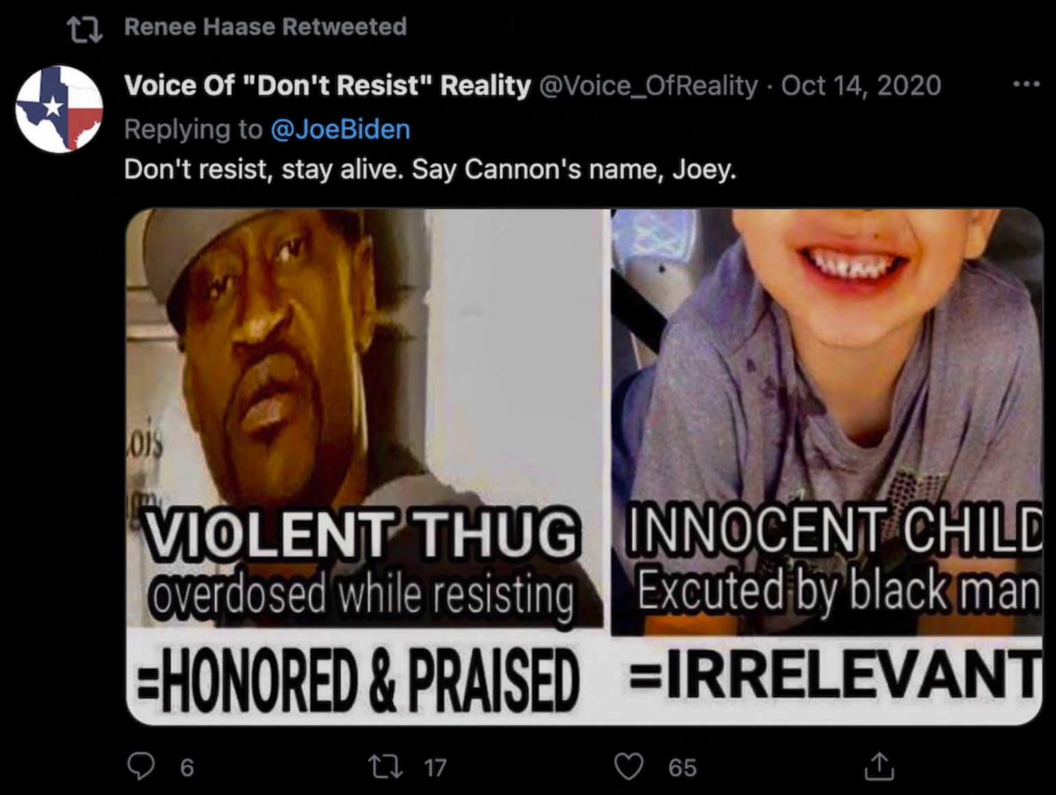 A screenshot of a controversial tweet containing two juxtaposed images with superimposed text. On the left, an image of murder victim George Floyd labeled as "VIOLENT THUG" with text accusing him of being honored despite alleged wrongdoing. On the right, an image of a smiling young child described as an "INNOCENT CHILD" with text claiming the child's death is ignored. The tweet is part of a discussion on societal reactions to different events, intending to highlight perceived media bias.