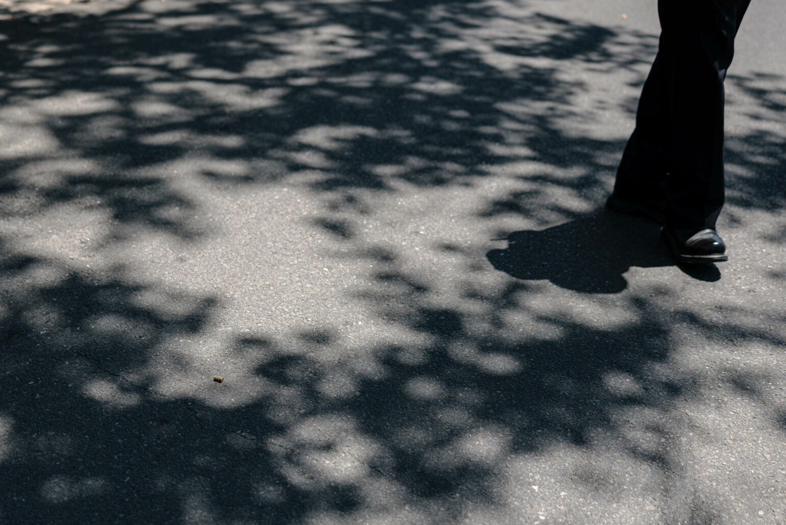 A close-up view of a single bullet casing lying on a road, with the shadow of a person partially visible in the background.