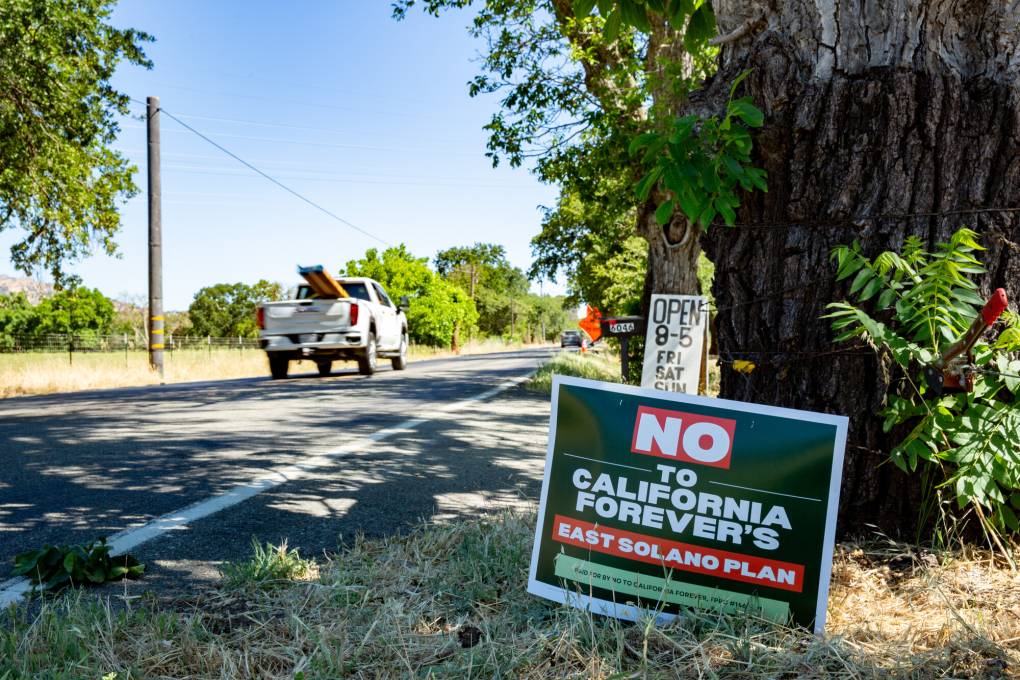 A protest sign against the "California Forever" project is seen in the foreground, reading "NO to California Forever's East Solano Plan." The sign is placed on the grass beside a road, near a large tree. In the background, a white pickup truck is driving away, and there is greenery and trees lining the roadside.