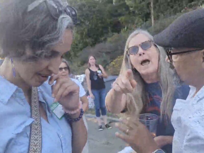 Group of three people engaged in an animated discussion outdoors during an event. The person in the center gestures emphatically towards the camera. They are surrounded by other attendees in a casual, sunlit setting.