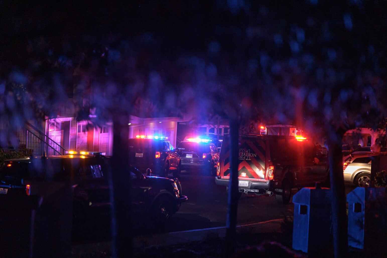 Vallejo police and fire vehicles are visible through trees at night, their lights flashing.