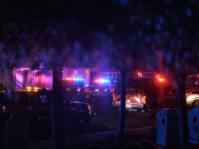 Vallejo police and fire vehicles are visible through trees at night, their lights flashing.