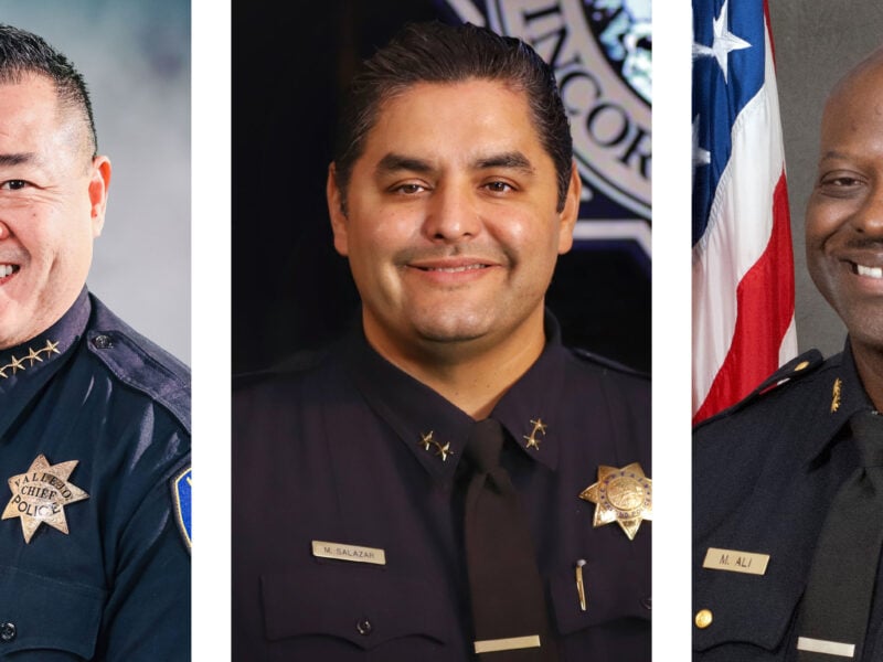 A triptych of headshots shows three police leaders, all in uniform. On the left is Vallejo Interim Police Chief Jason Ta, in the center is Fresno Deputy Police Chief Mark Salazar, and on the right is San Francisco Deputy Police Chief Mikail Ali. Each officer smiles while wearing a uniform, tie, and metal badge.