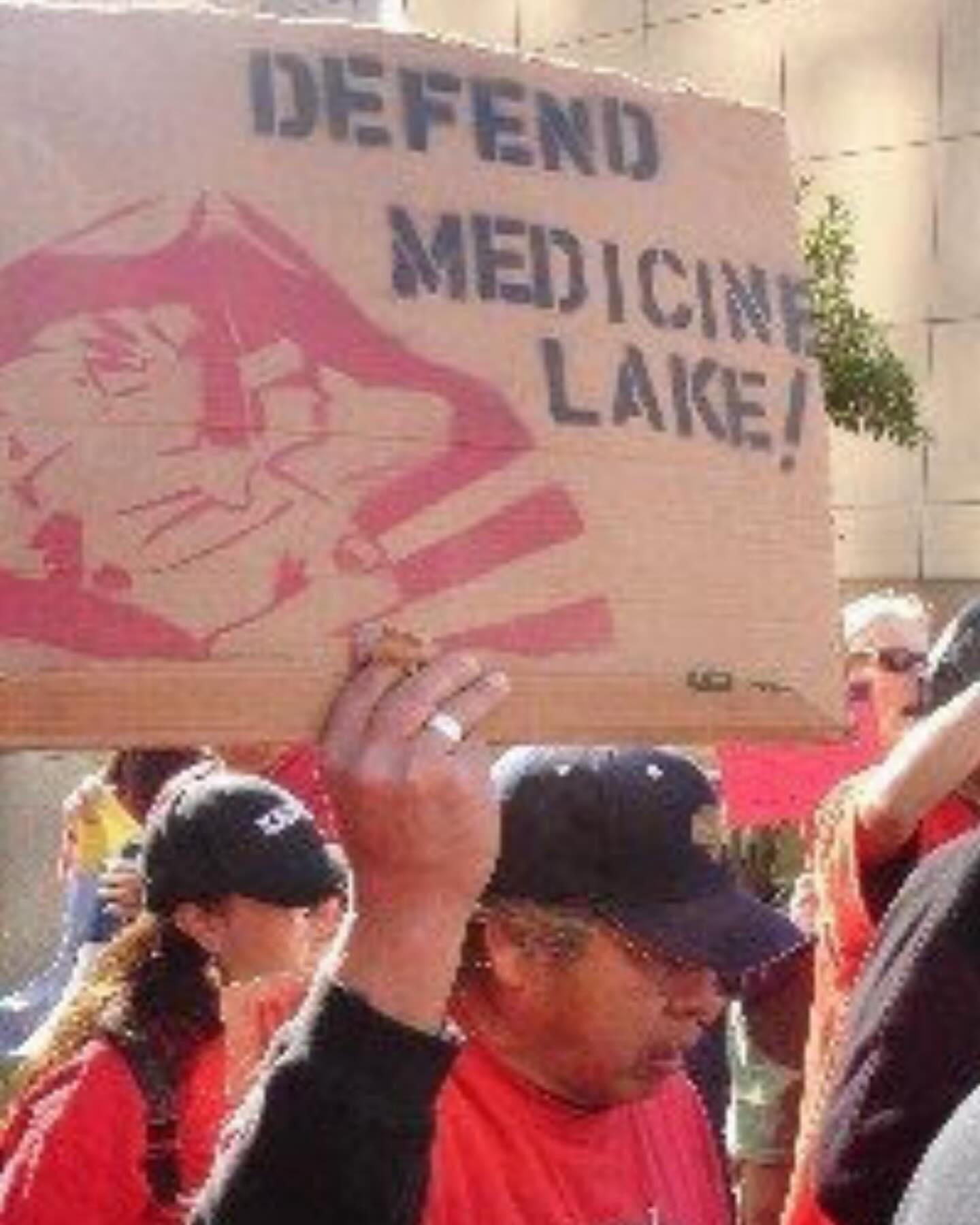 A man holds a cardboard sign with the words "Defend Medicine Lake!" The sign features a red design that appears to be an outline of the lake or surrounding area. He wears a navy blue cap and a red shirt, among a crowd of other protestors.