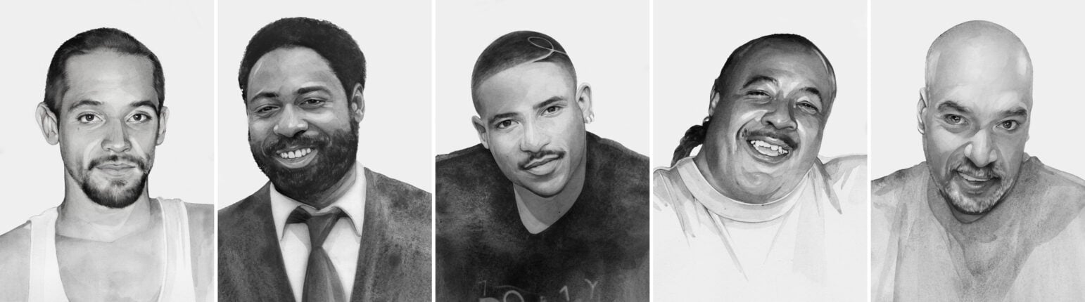 A series of five grayscale portraits of individuals who were killed by Vallejo police, aligned side-by-side in a row. Each person’s unique expression and appearance is rendered with artistic attention to detail, adding depth to the narrative of their lives and the circumstances of their deaths. The portraits convey a somber, respectful tone.