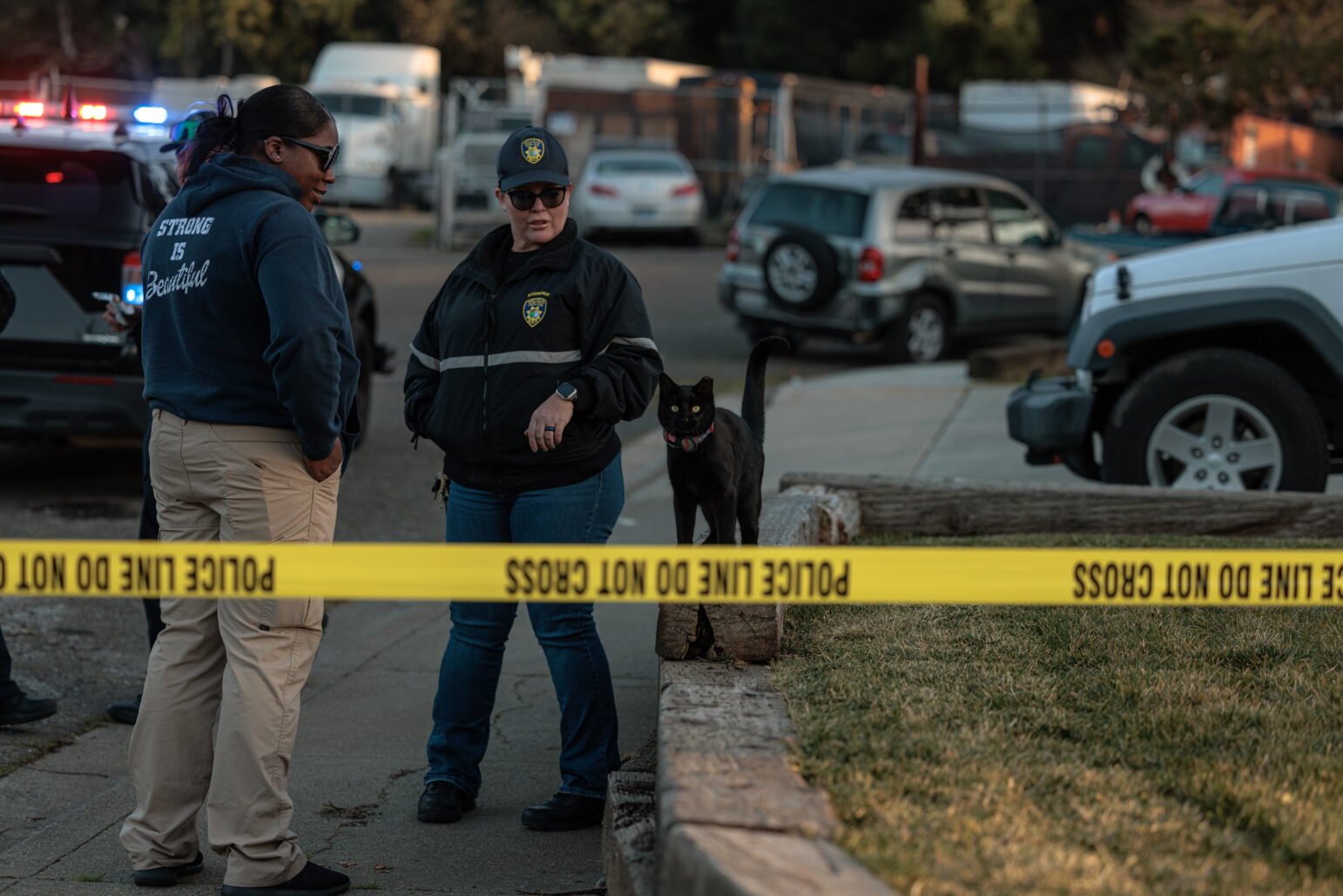 Two law enforcement personnel stand on the sidewalk behind a yellow “POLICE LINE DO NOT CROSS” tape, speaking with each other near several parked vehicles. One is wearing a dark hoodie that reads “Strong is Beautiful,” and the other a jacket with a police badge on it. A black cat with a pink collar perches on a low wooden border next to them, looking toward the camera. The background features a parking lot and various cars, with a police vehicle’s lights flashing in the distance.