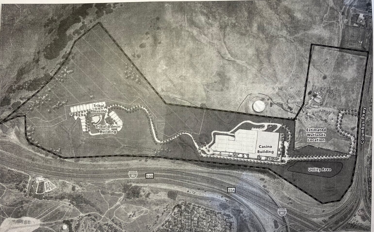 An aerial map outlines a proposed development project divided into distinct zones. 