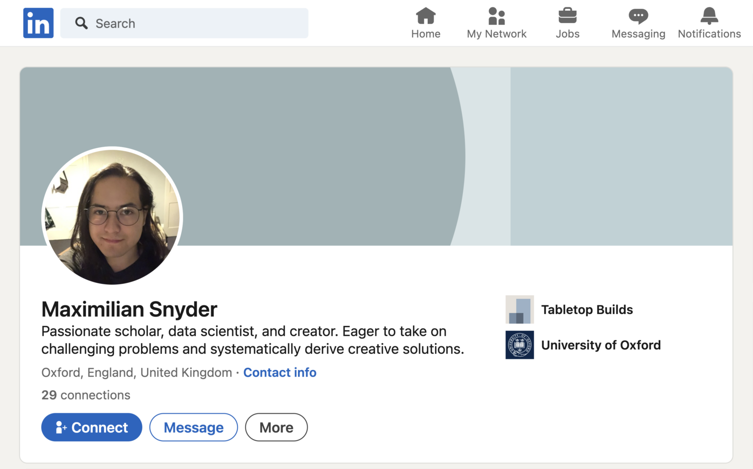 A screenshot of a LinkedIn profile for “Maximilian Snyder,” set against a pale blue banner. The circular profile photo shows a person with long, dark hair and round glasses, facing the camera in an indoor setting.