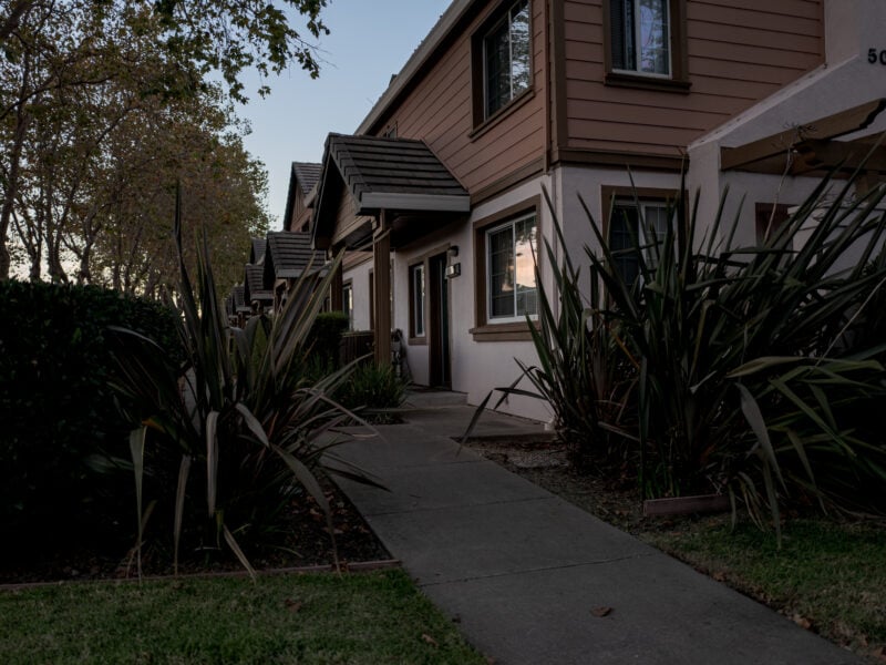 A quiet row of townhouses with neatly kept landscaping, seen during early evening hours. Large plants and mature trees line the walkway, creating a peaceful atmosphere.