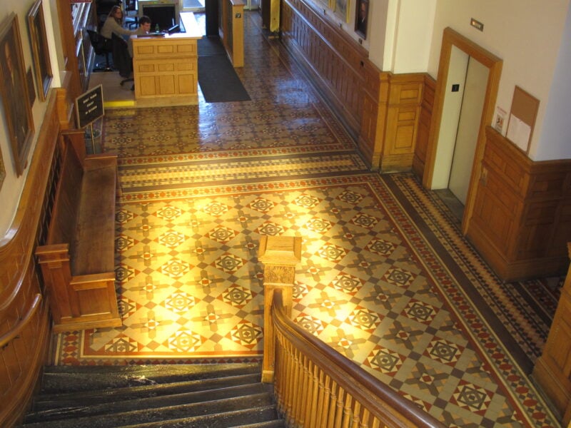 A photograph of the interior of the stairway of Allegany County Courthouse in the Washington Street Historic District of Cumberland, Md.