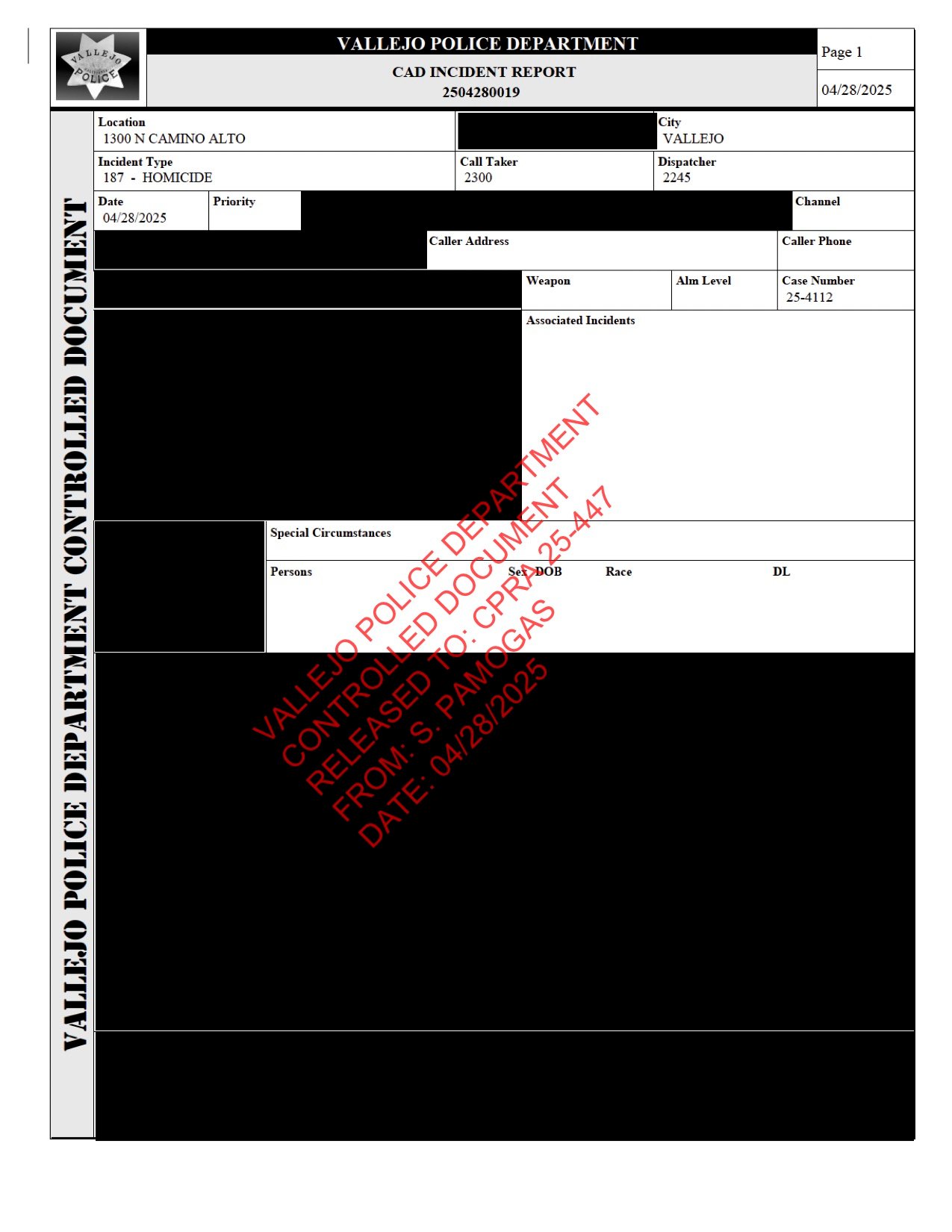A heavily redacted Vallejo Police Department CAD incident report dated April 28 2025, with most fields blacked out.