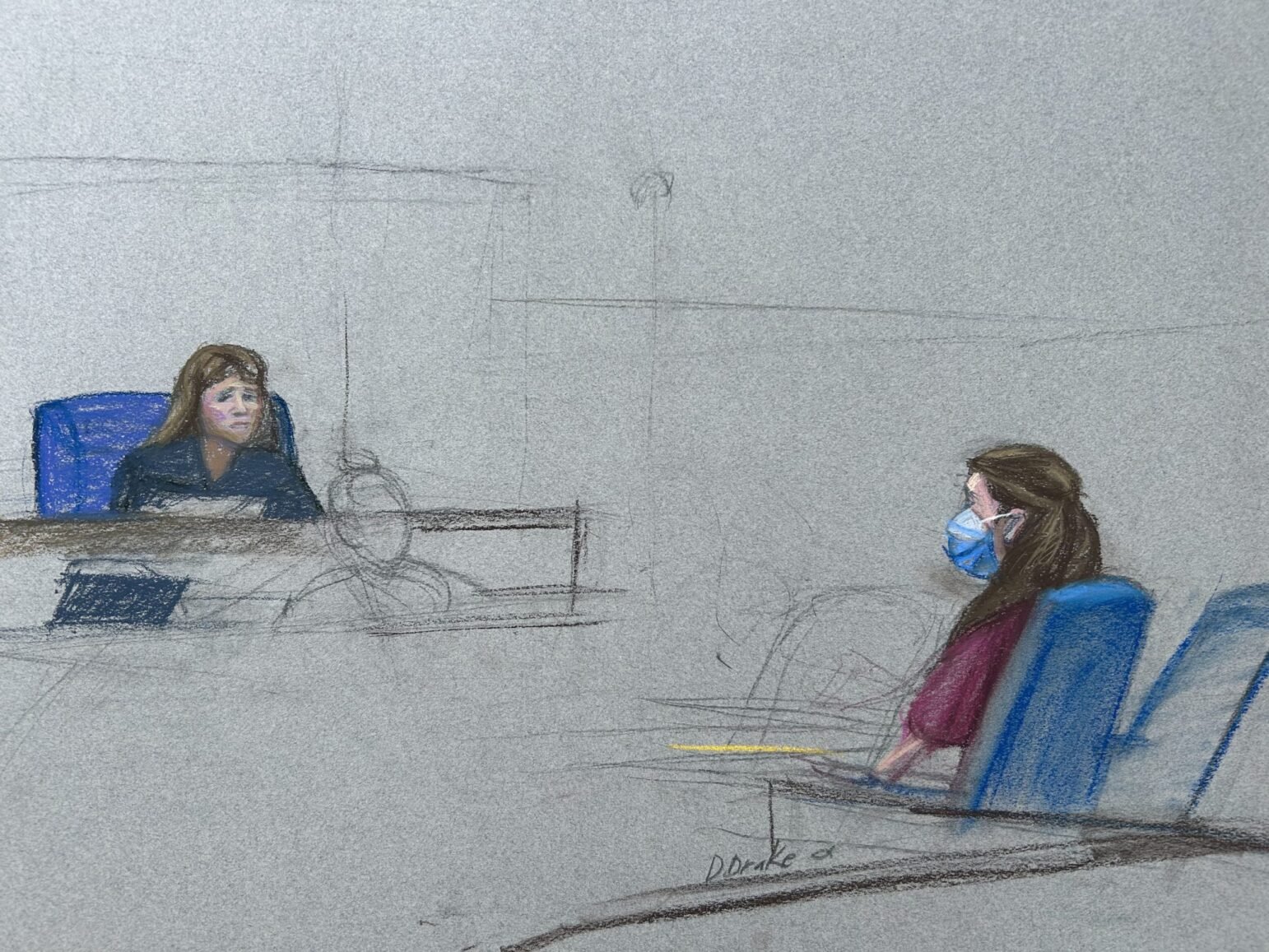 A courtroom sketch shows a judge seated behind the bench on the left side, facing a woman wearing a blue surgical mask and maroon top who sits on the right. The background is lightly sketched with minimal detail, while the central figures are more fully rendered with colored pencil.