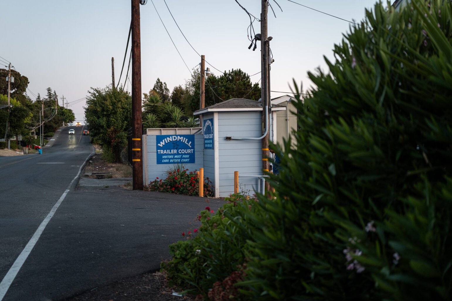 A street view shows the entrance to Windmill Trailer Court at dusk. A blue sign reads, "Windmill Trailer Court. Visitors must park cars outside court." Power poles and lush greenery frame the entrance, while vehicles travel on the road in the distance.