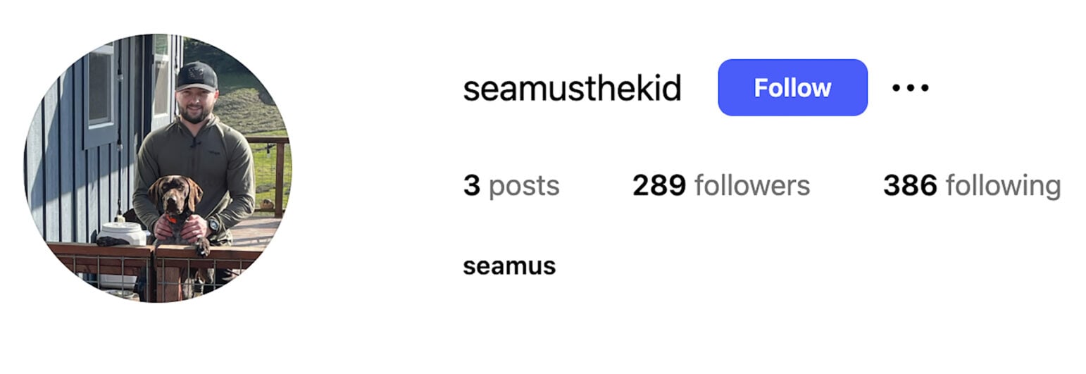 Instagram profile for user “Seamusthekid” with 3 posts, 289 followers, and 386 following. The profile photo shows a man in outdoor clothing holding a brown dog on a wooden deck.