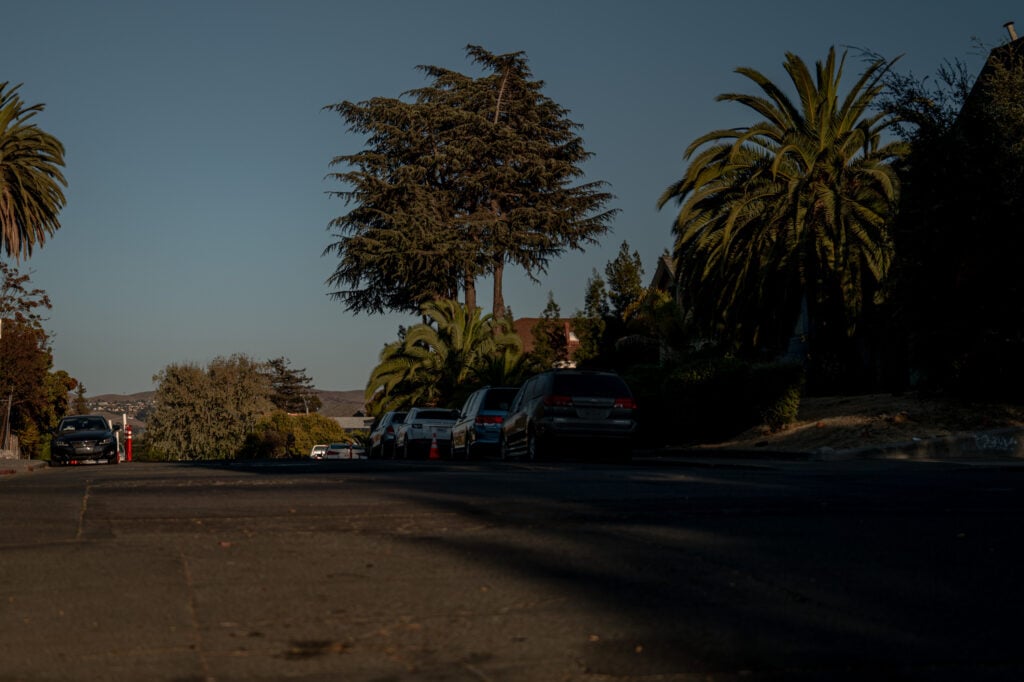 Low-angle view of a quiet residential street with parked cars and tall palm trees, late-afternoon light casting long shadows across the asphalt under a clear sky.