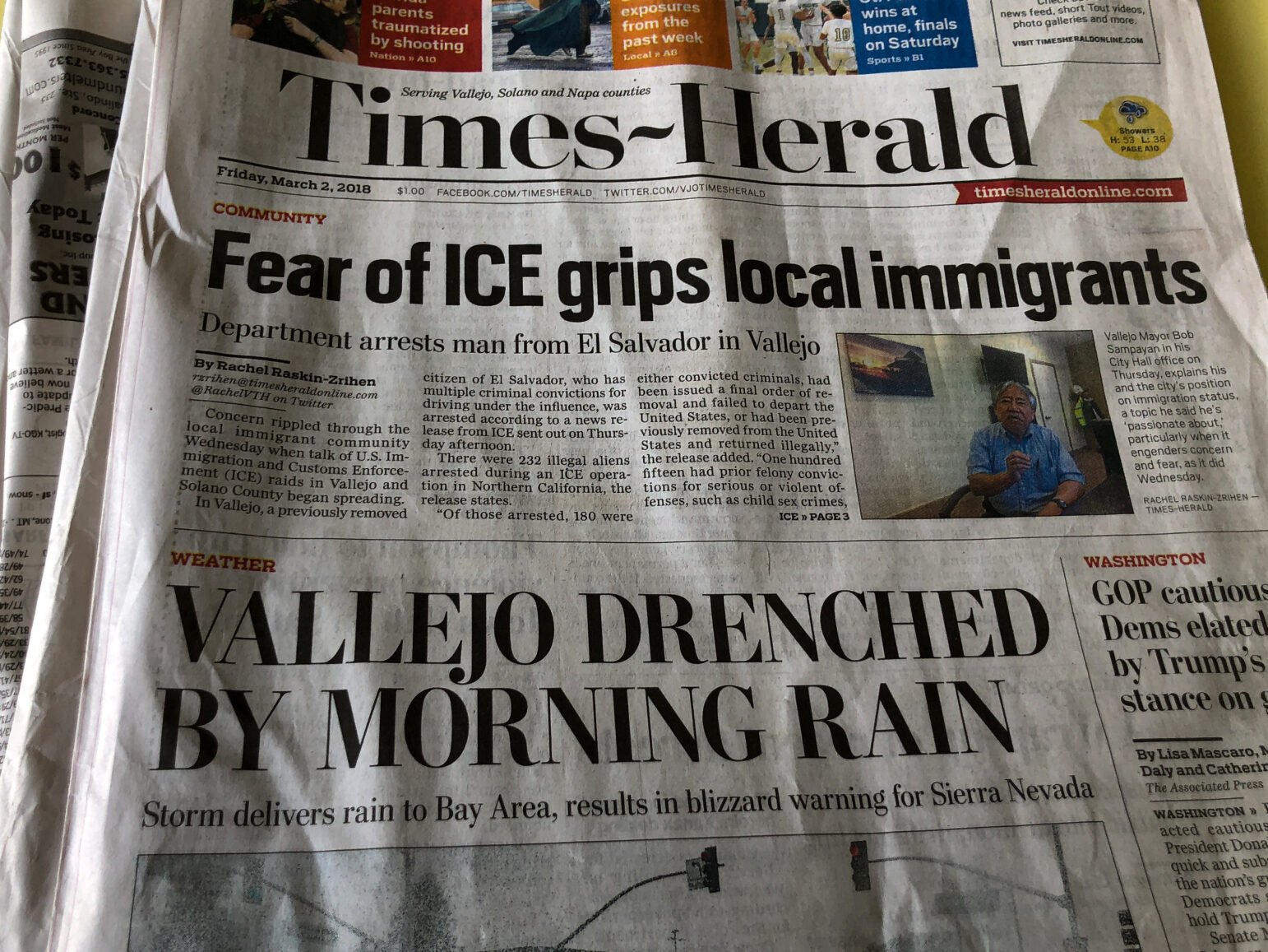 Front page of the Times-Herald dated March 2, 2018, featuring the headline Fear of ICE grips local immigrants and a large subhead Vallejo drenched by morning rain, with a small inset photo accompanying the top article.